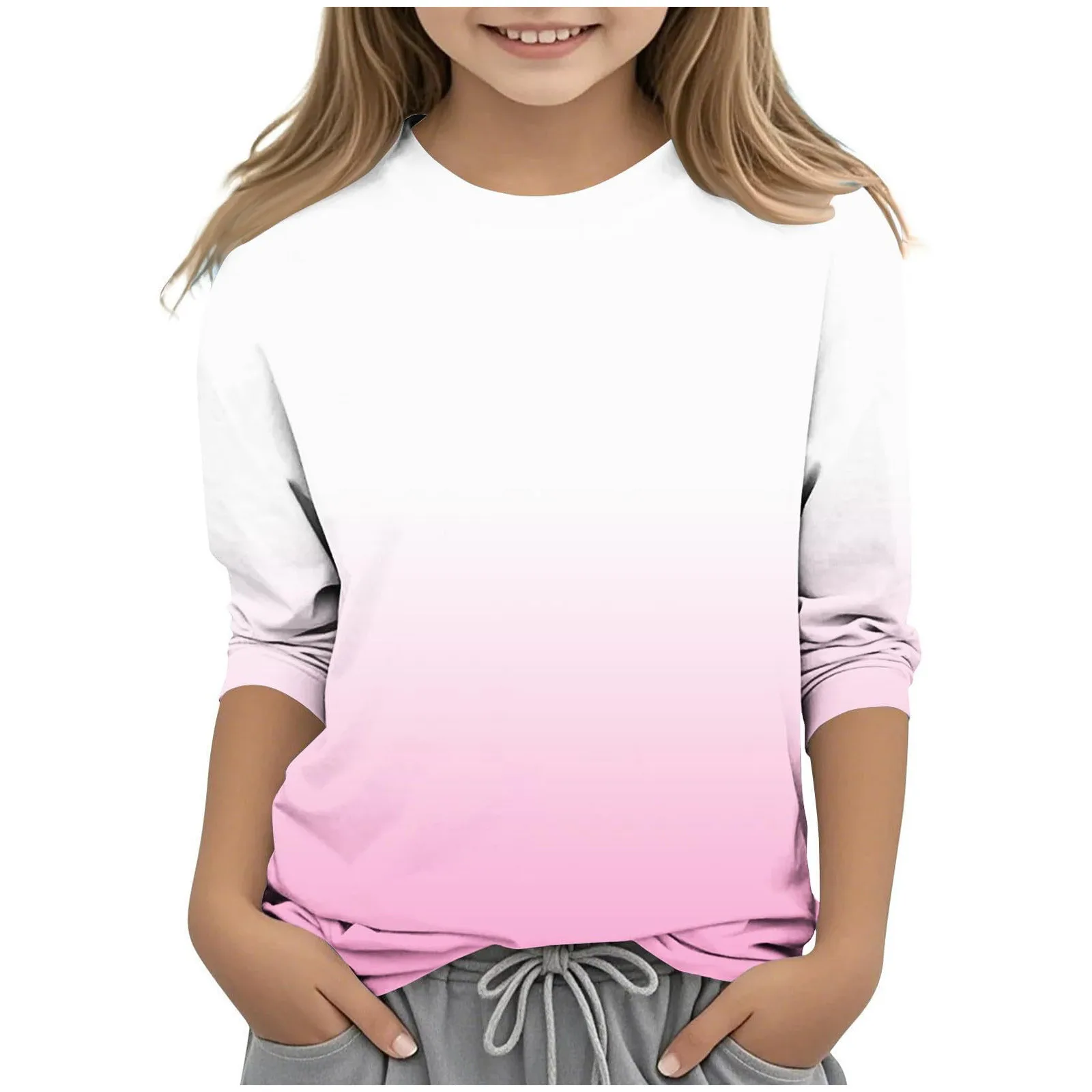 

for Girls Girl Casual Round Neck Three Quarter Sleeve T Shirt Regular Basic 3/4 Sleeve Top off Shoulder Tops for Big Girls