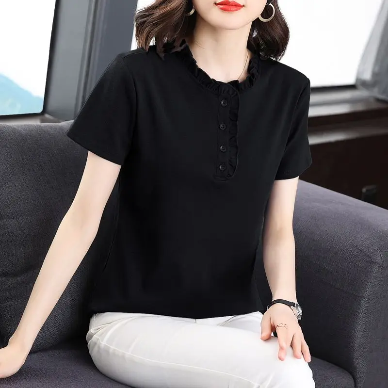 Women Summer Simplicity Loose Elegant Solid Color O-neck Short Sleeve T-Shirt Women Clothes Casual All-match Appear Thin Top Tee