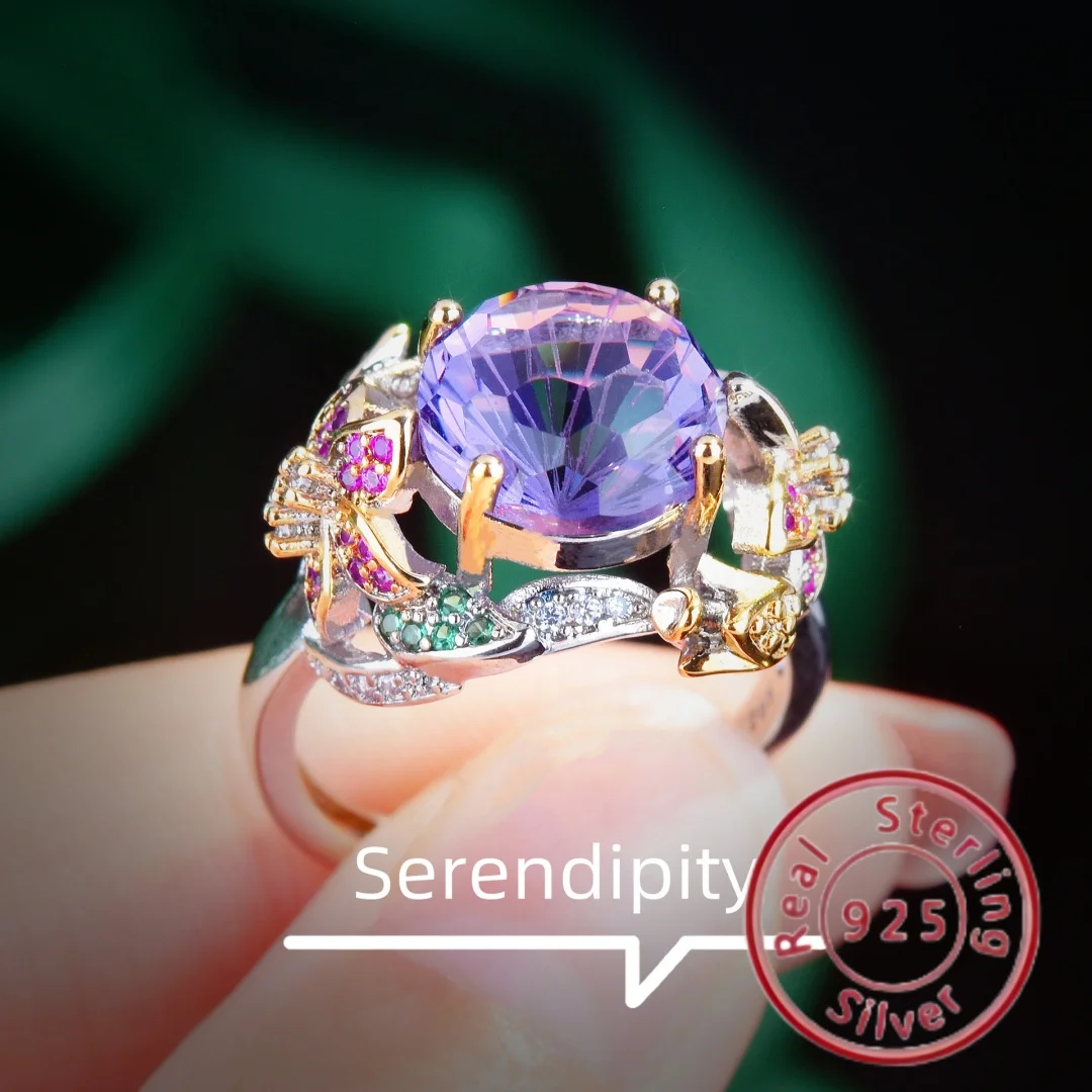 

925 sterling silver flower blooming colorful treasure women's handmade inlaid fireworks cutting purple diamond ring