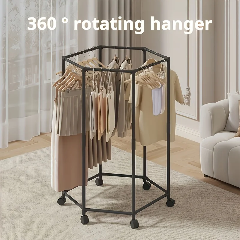 Easy to move 360° multifunctional floor-standing metal clothes hanger home bedroom clothes storage rack hexagonal shelf detachab