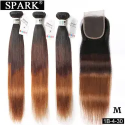 Feixes de cabelo humano retos Spark-Ombre com fechamento, cabelo remy, parte livre, peruano, 3, 4