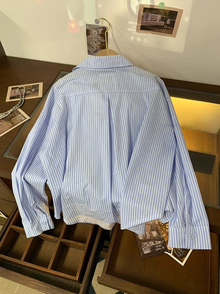 Casual Sle Loose Fit Long Sve rayas azules irt Stand Collar Ne hombres mujeres Primavera Verano Faion ropa de alta gama