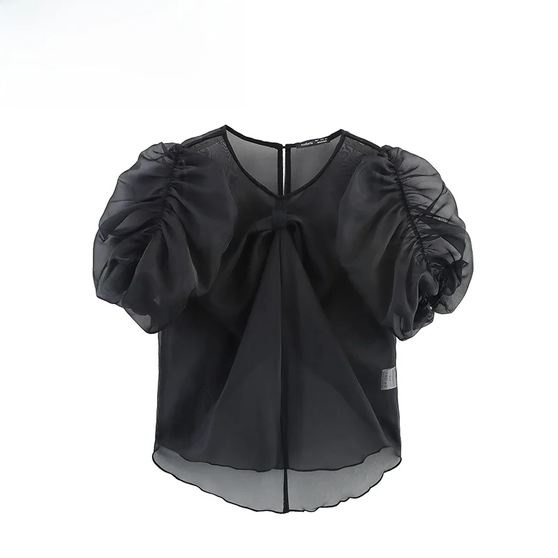 

ZAB Autumn New Women's Faion Knot Decoration Bubble Sve Top Loose Fit ort Sve round Ne Pure Color irt
