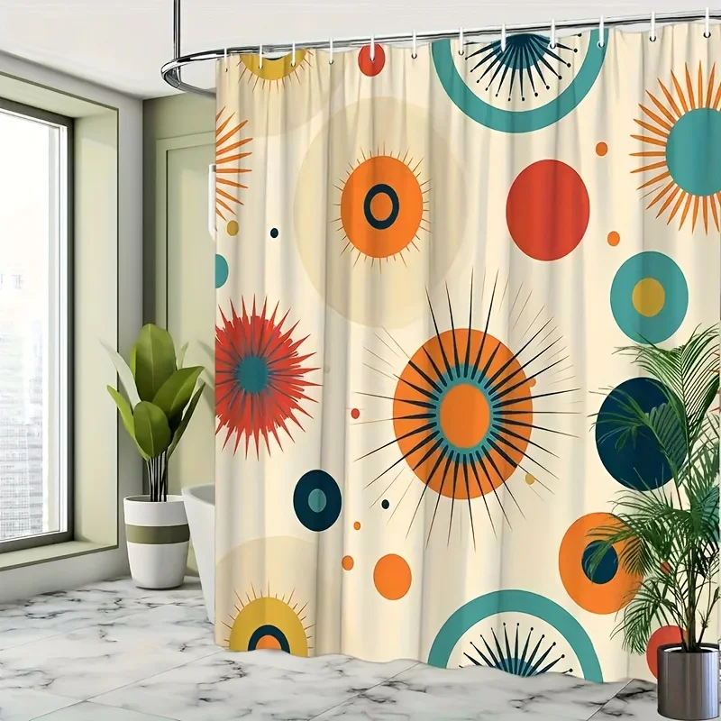 Retro Sunburst Shower Curtain 72x72 Polyester Washable – Mid-Century Modern Atomic Motifs in Turquoise, Mustard, Coral