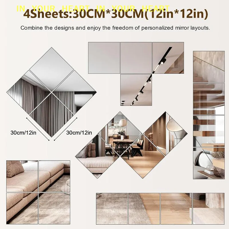 【X】8pcs 20x20cm / 30x30cm Acrylic Flexible Mirror Sheets / Self Adhesive Door Mirror Tiles / Cuttable Wall Mounted Mirror Stic