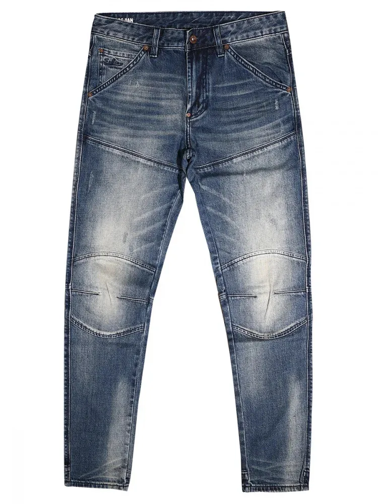 Herfstmode herfstmode Splicing retro blauwe slim fit jeans heren motorfietsstijl nostalgische gewassen broek met kleine pijpen