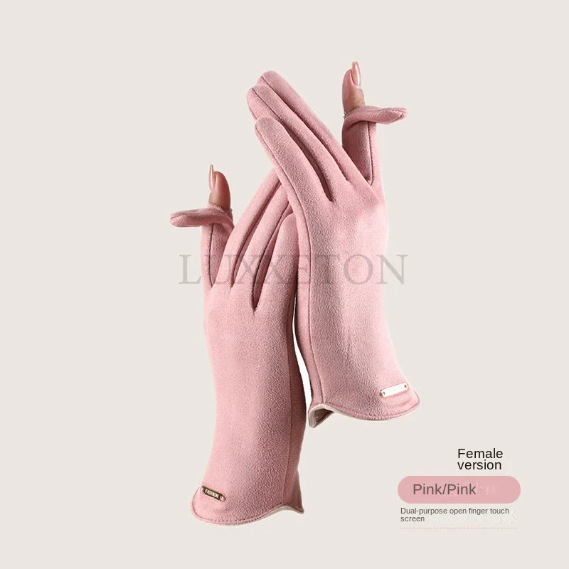 

Women Winter Metal Sign Warm Suede Leather Outdoor Sport Cycling Mitten Clamshell Show Finger Touch Screen Driving Glove