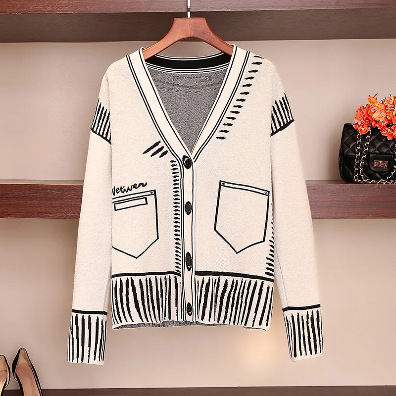 Print Graffiti Unique Cardigan Women Loose V-neck Long Sleeve Luxury Knitted Female Cardigans Coat Y2k 2023 Winter Sweater