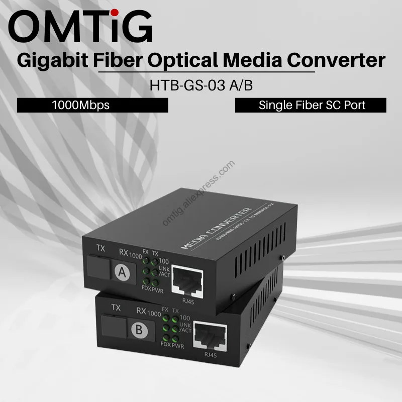 Convertidor de medios Ethernet Rj45, 1 par con fuente de alimentación, HTB-GS-03 de fibra única, Color negro