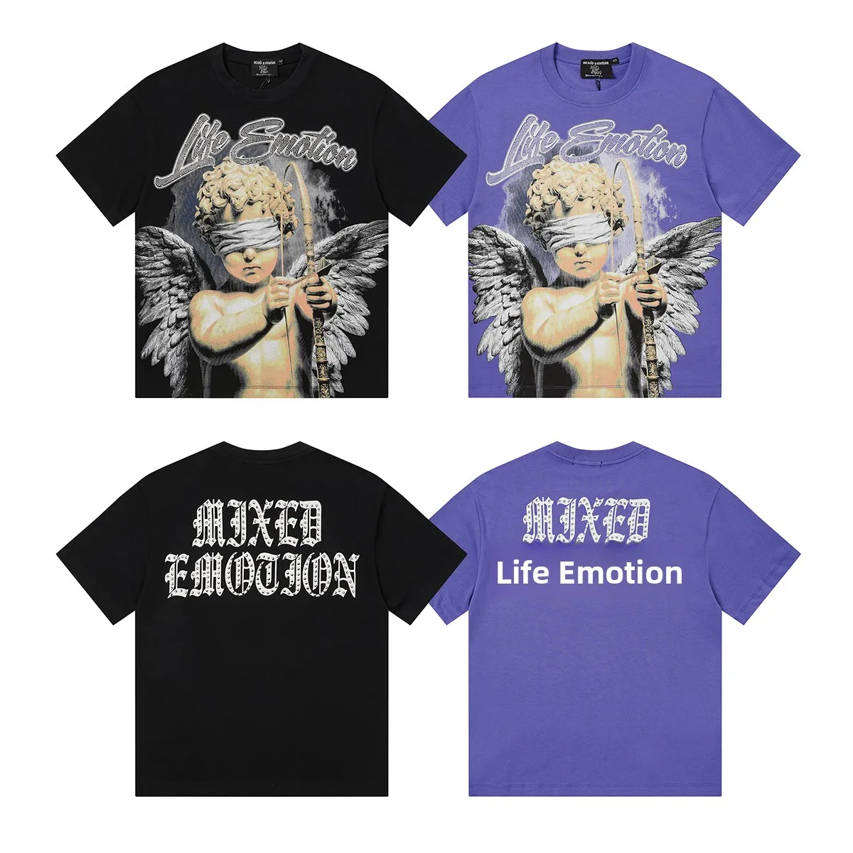 Mixed Emotion American Trendy Brand Blindfold Angel Print High Street Rhinestone Loose Fit Pure Cotton Short Sleeve T-Shirt