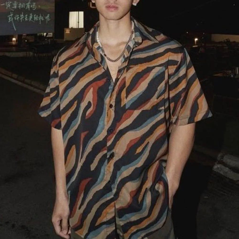 

Мужская гавайская повседневная рубашка в полоску с принтом, летняя повседневная универсальная уличная молодежная пляжная рубашка с короткими рукавами, мужская одежда, новинка 2023 года