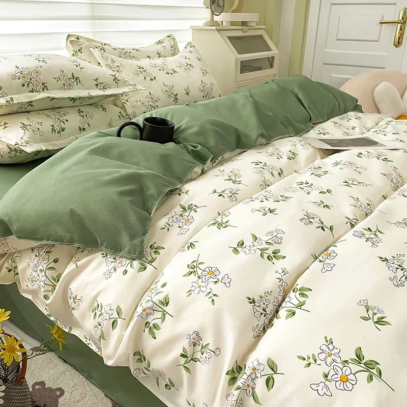 Juego de cama cepillado con estampado Floral para el hogar, funda nórdica sencilla y cómoda, con sábanas, fundas de edredón, fundas de almohada, ropa de cama