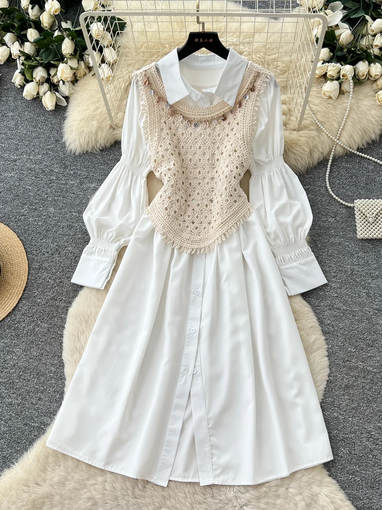 

Sweet Style Bubble Sleeve Shirt Dress Women's Summer Hollow out Lace Splicing Commute Elegant Two Piece Set High Waist Slim Fit