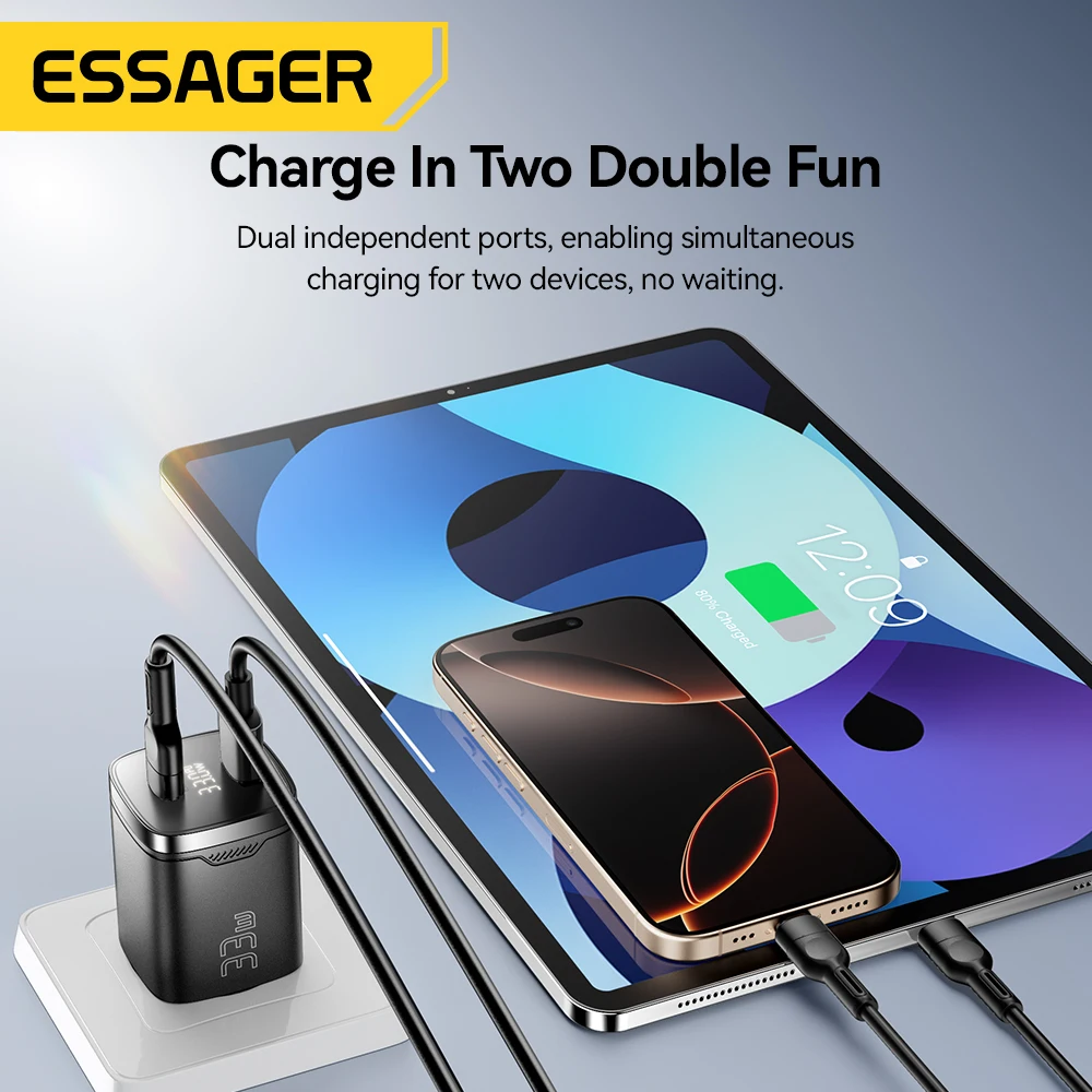 Essager 33w gan usb tipo c carregador display digital pd carregamento rápido para iphone 16 15 14 pro max ipad mini 6 xiaomi samsung s22