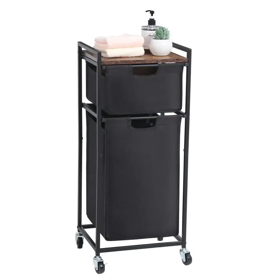 

Laundry Hamper with Shelf, Laundry Sorter 2 Section with Removable Bags, Laundry Basket Cart with Table Wheels Laundry Room Stor