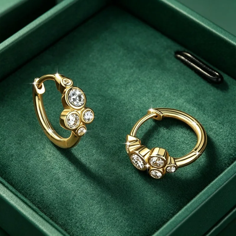 Lnngy Creolen-Ohrringe mit rundem Moissanit im Lünettenfassung für Damen, 14 Karat Gold gefüllt, fünf Steine, Kreis-Ohrringe, trendiges Schmuckgeschenk – Detail 4