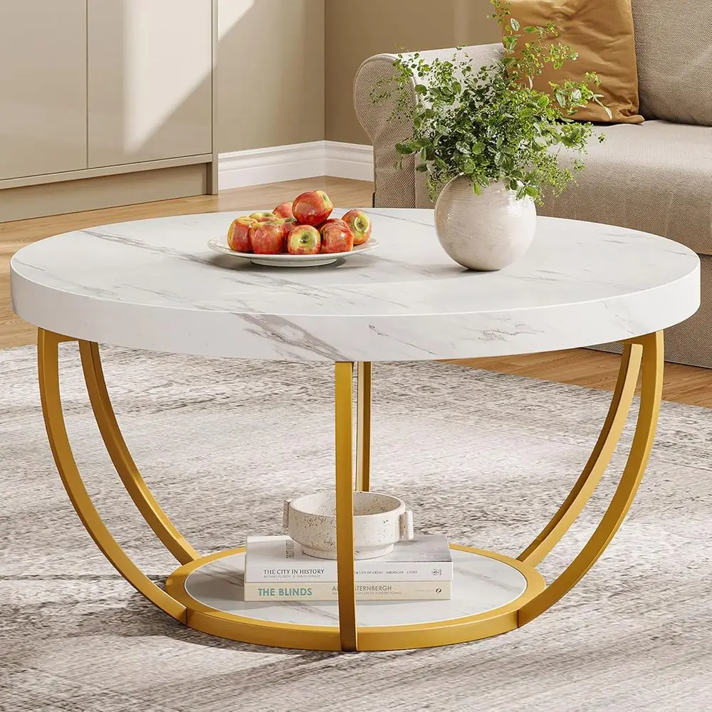 

ern Round Coee Table, 2 Tier Coee Table with aux White Marble and n Metal Legs, Circle Center Table Tea Table Accent urniture or