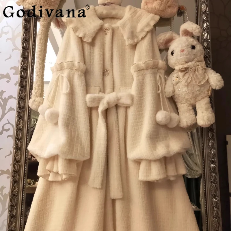 

Women Warm Mid Length Coat for Halloween Thickened Lolita Wool Coat with Fleece Lining Female Autumn Winter Sweet Coat