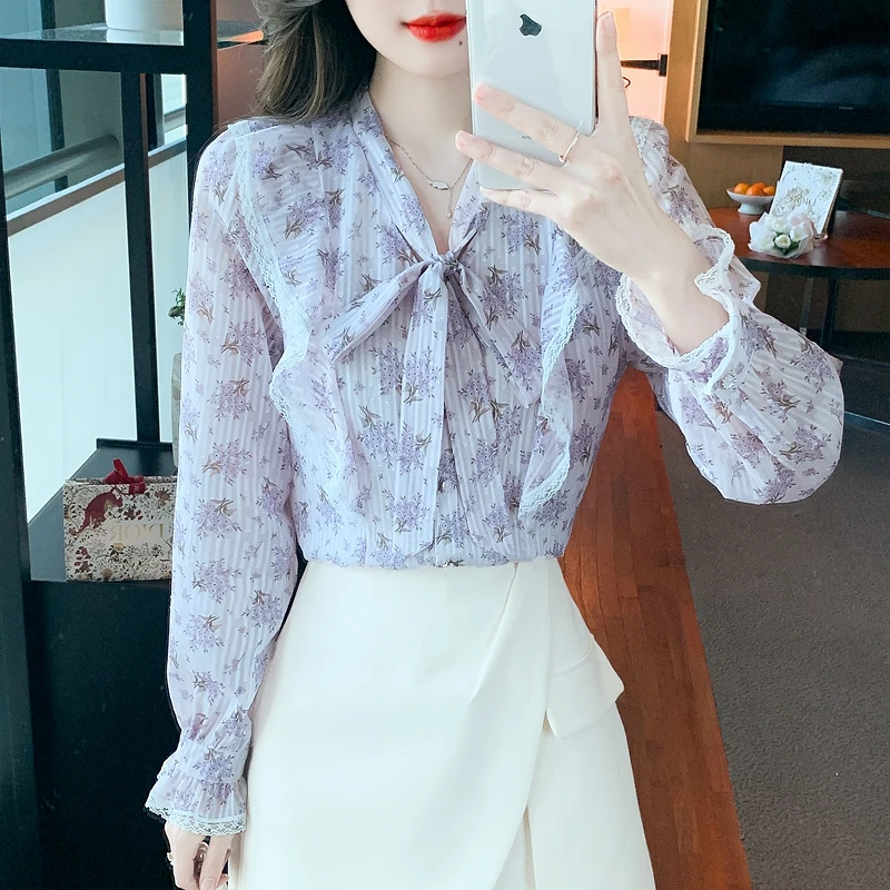 Purple Floral Chiffon Blouse for Women Spring Summer Casual Ruffles Bow Long Sleeve Shirt Top Clothing