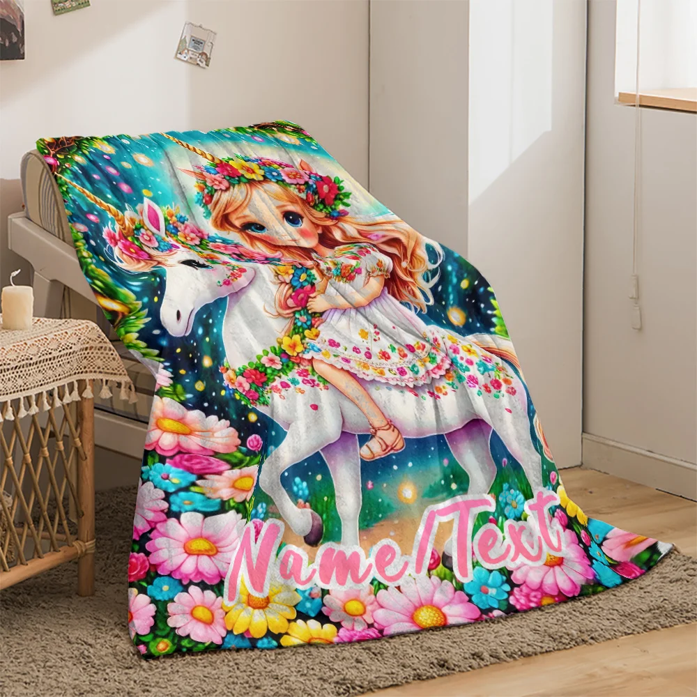 Personalized Unicorn Princess flannel blanket custom name, soft and warm, ideal gift for sofa bed travel, family and friends