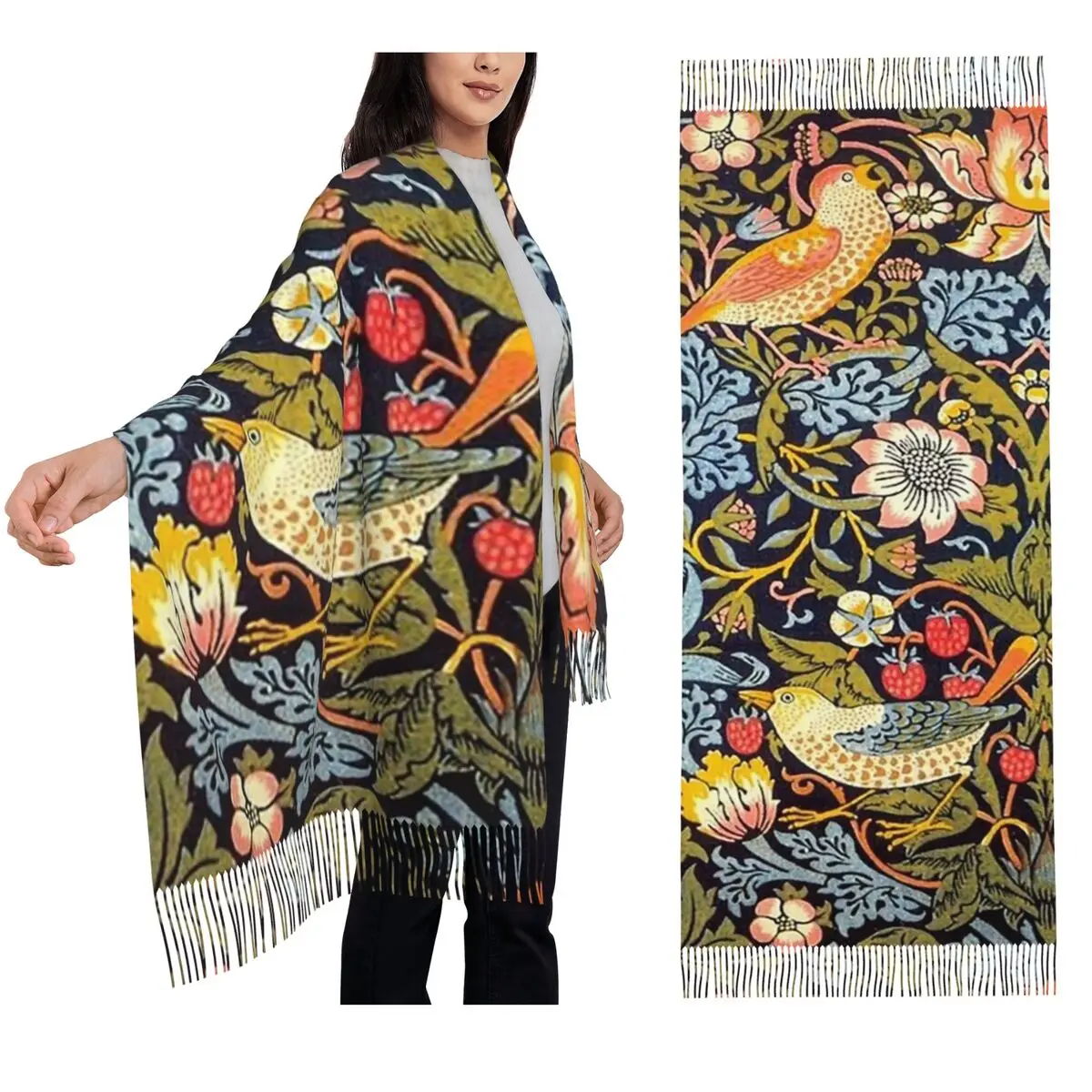 

William Morris Strawberry Thief Design 1883, шарф с кисточками, женские мягкие теплые шали и накидки, большая осенне-зимняя шаль
