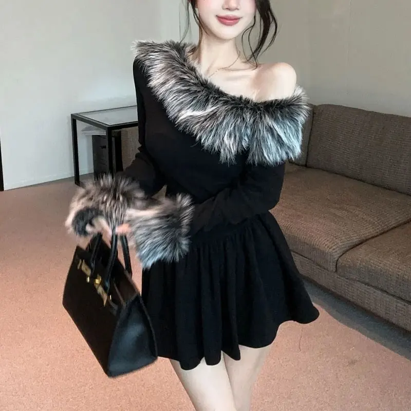 

Hotsweet Fur Collar Spliced Waist Dresses Women's Clothing Skew Collar Autumn Winter Fashionable Off Shoulder A-Line Mini Dress