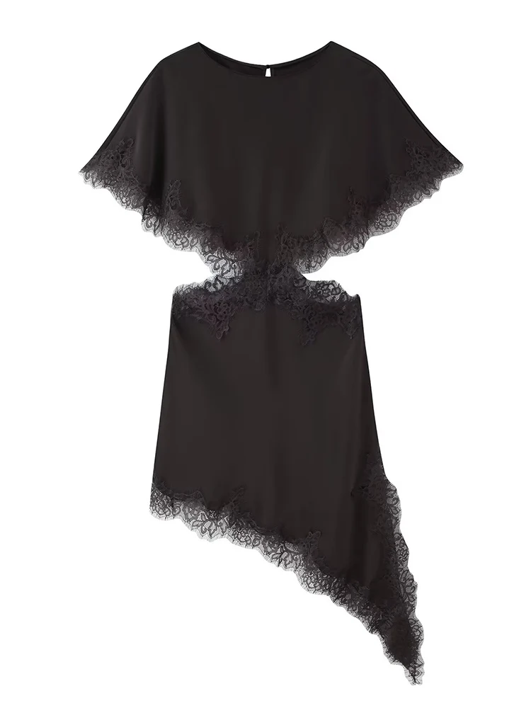 Chic Women Cut Out  Dress Solid Summer New Asymmetrical Lace Midi Dress Round Neck Elegant Party Sexy Ladies Irregular Dress