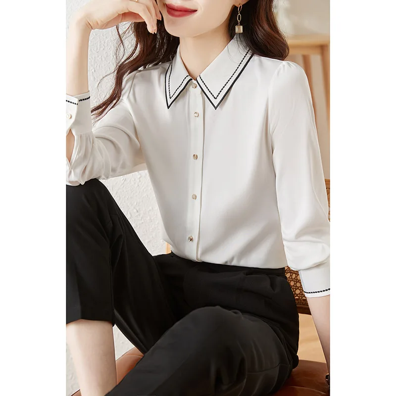 

Chiffon Shirt 2023 New Women's Single Breasted Personalized Contrasting Color Polo Neck Long Sleeved Professional White Top Tide