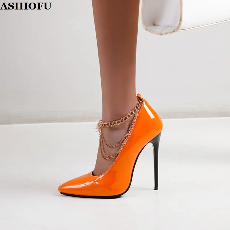 

ASHIOFU Handmade New Classic Style Womens 12cm High Heels Pumps Chains Deco Sexy Party Shoes Evening Fashion Hot Sale Prom Shoes