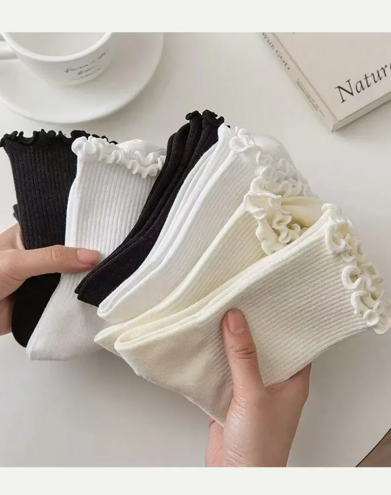 1/2/3pairs Cotton Ruffles Ankle Socks Women Lolita Cute Kawaii Korean Stocking Girl Spring Black White Middle Tube Japanese Sox