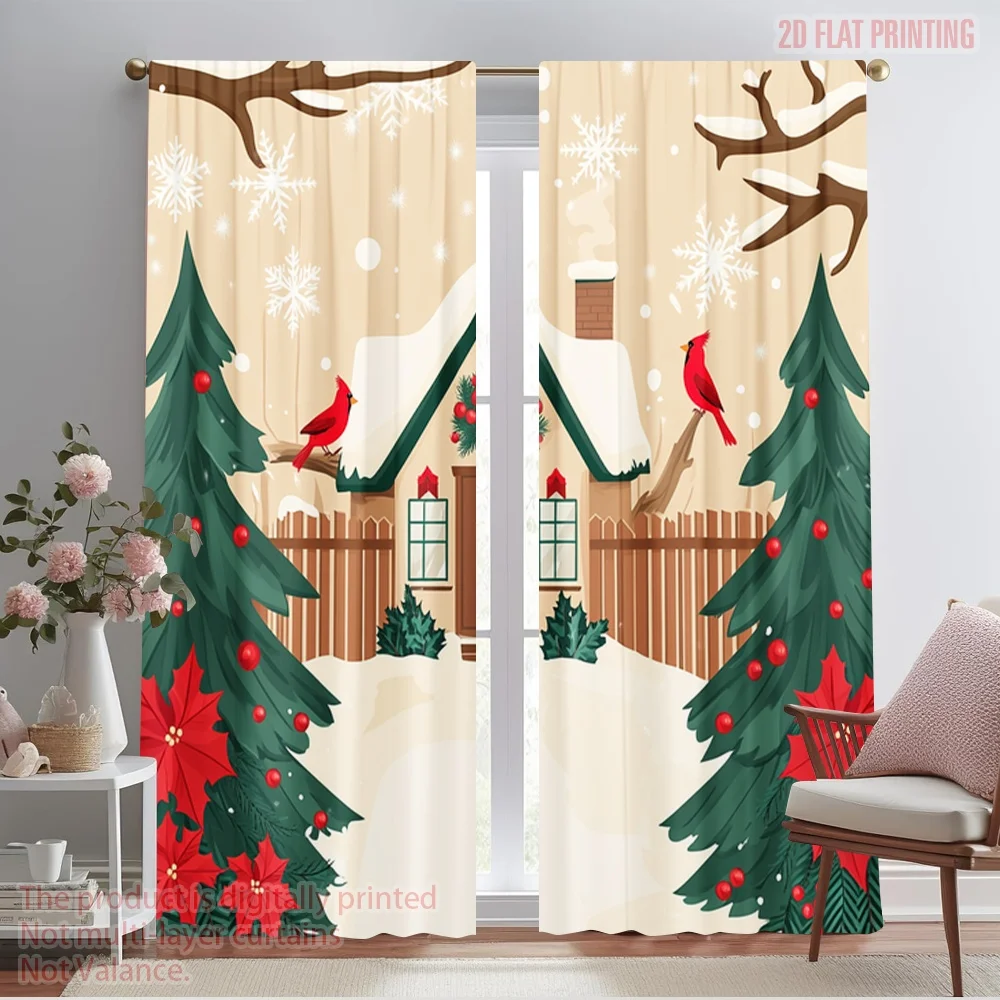 2pcs,2D plane printing Minimalist Curtains Christmas Cabin Snowflakes Cardinal (2) Polyester Fabric (without rod) Decorations