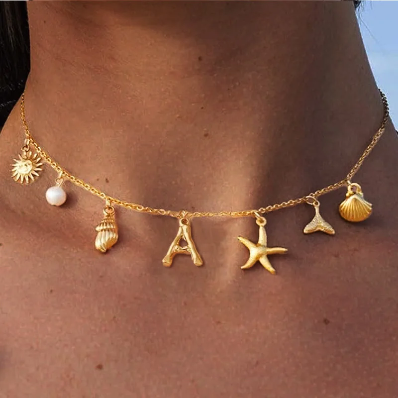 

Initial Charms Necklace for Women, Boho Seashell Starfish Beach Letter A-Z Pendant, Summer Beach Vacation Jewelry