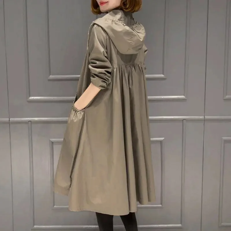 Trench coat feminino jaquetas 2025 nova primavera outono coreano longo solto com capuz casaco blusão feminino exterior