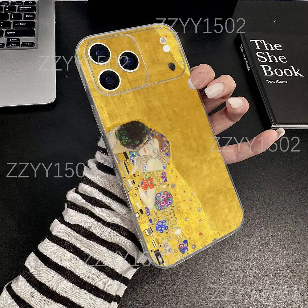 Поцелуй Густава Климта ART для iPhone 17,16,15,14,13,12,11 Pro,Max,Plus,X,XS,XR,SE4,E Мини-прозрачный мягкий защитный чехол