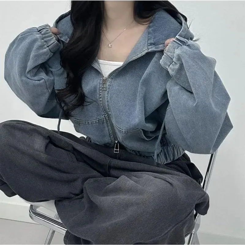 

Chic Women's Denim with Hood Zipper Design Waist-Cinching Outerwear Tops Autumn Loose Fit Zip Up Hoodie Korean Y2k Goth Clothes