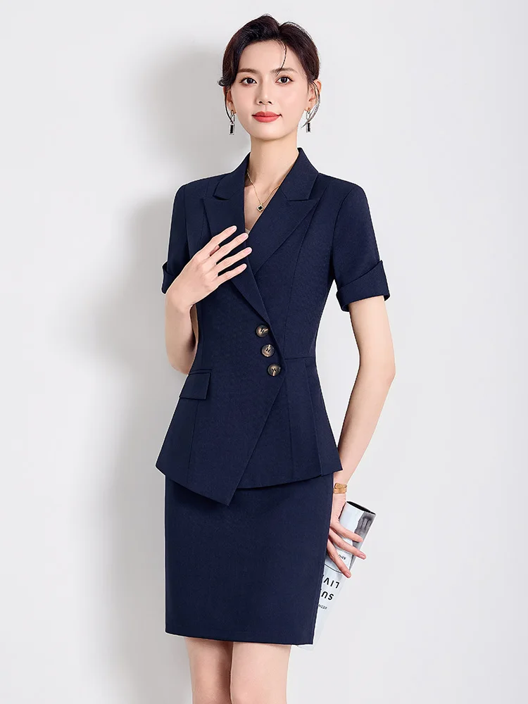 Elegant Short Sleeve Professional Suit Set for Women in Royal Blue Hotel Manager Jewelry Store Work Uniform Slim Fit Button D...