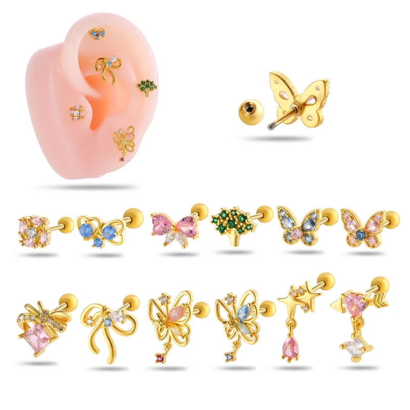 20G Gold/Silber Chirurgischer Edelstahl Ohrstecker Schleife/Schmetterling Kubisches Zirkonia Ohrringe für Frauen Mädchen Trendig, Schraubverschluss