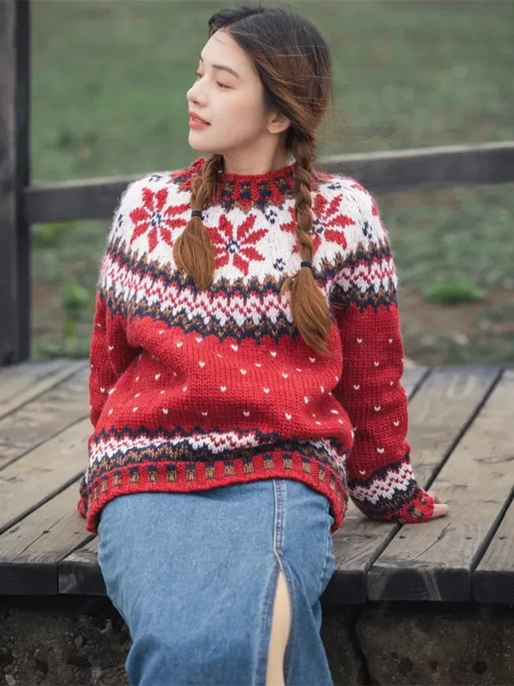 102cm bust Fall Winter Red Christmas Sweaters Women Hand Knitted Fair Isle Fashion Vintage Handmade 100%Wool Pullover Jumpers