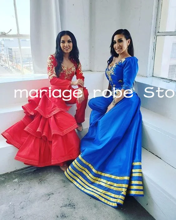 Mexicano Traditional Outfits Jumpsuit Prom Dresses with Long Sleeve Jacket Red Embroidery Evening Gown Pant Suit with Train