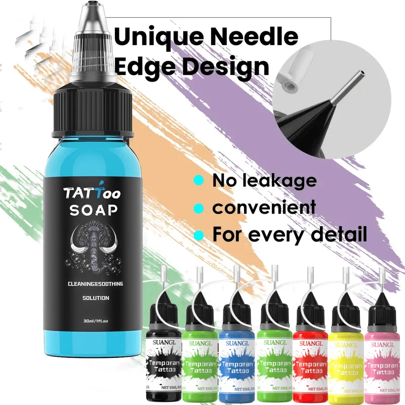 SUANGL 8-color 15ml Tattoo Ink Set and 30ml Blue Soap Cleaner, Tattoo Ink Combination Pack, Suitable for Various Tattoo Styles