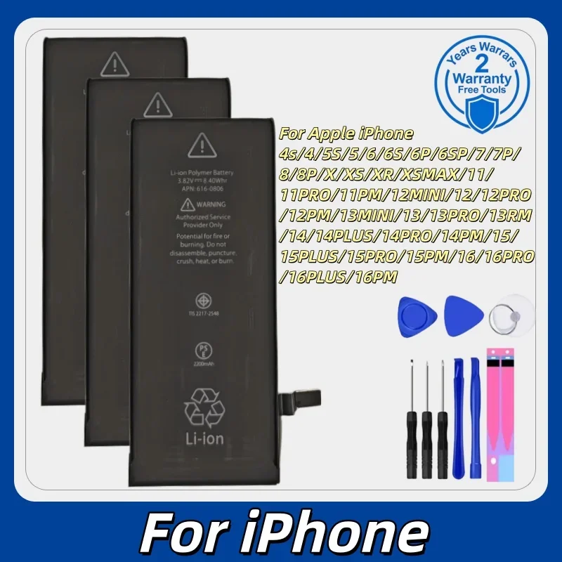 Phone Battery For iPhone 4S 5 6 S 7 8plus X Xr Xs Max 11 12 Pro 13 14 Plus 15 16PM Replacement Bateria+Free Tools