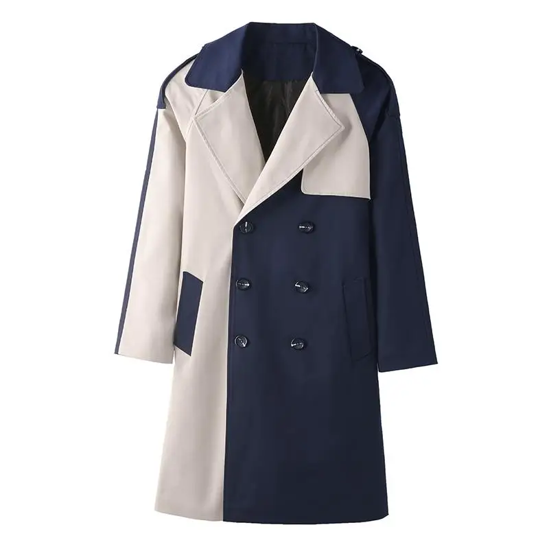 

Boutique Fashion Stitching Contrast Color Mens Casual Double-breasted Trench Long Coat Jacket