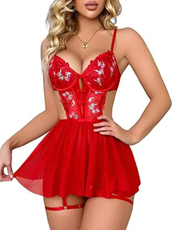 Sexy Solid Color Black Floral Lace Babydoll Dress For Women Sheer Mesh Chemise With Garter Straps Flower Embroidery Dress 19HG