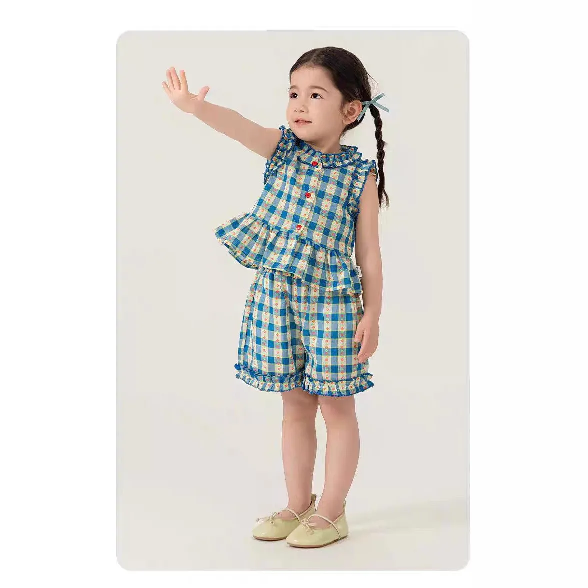 TZ2662 Girls Plaid Vest Summer Shorts Set Children's Fashion Outfit Checkered Top Bottoms Combo for Kids