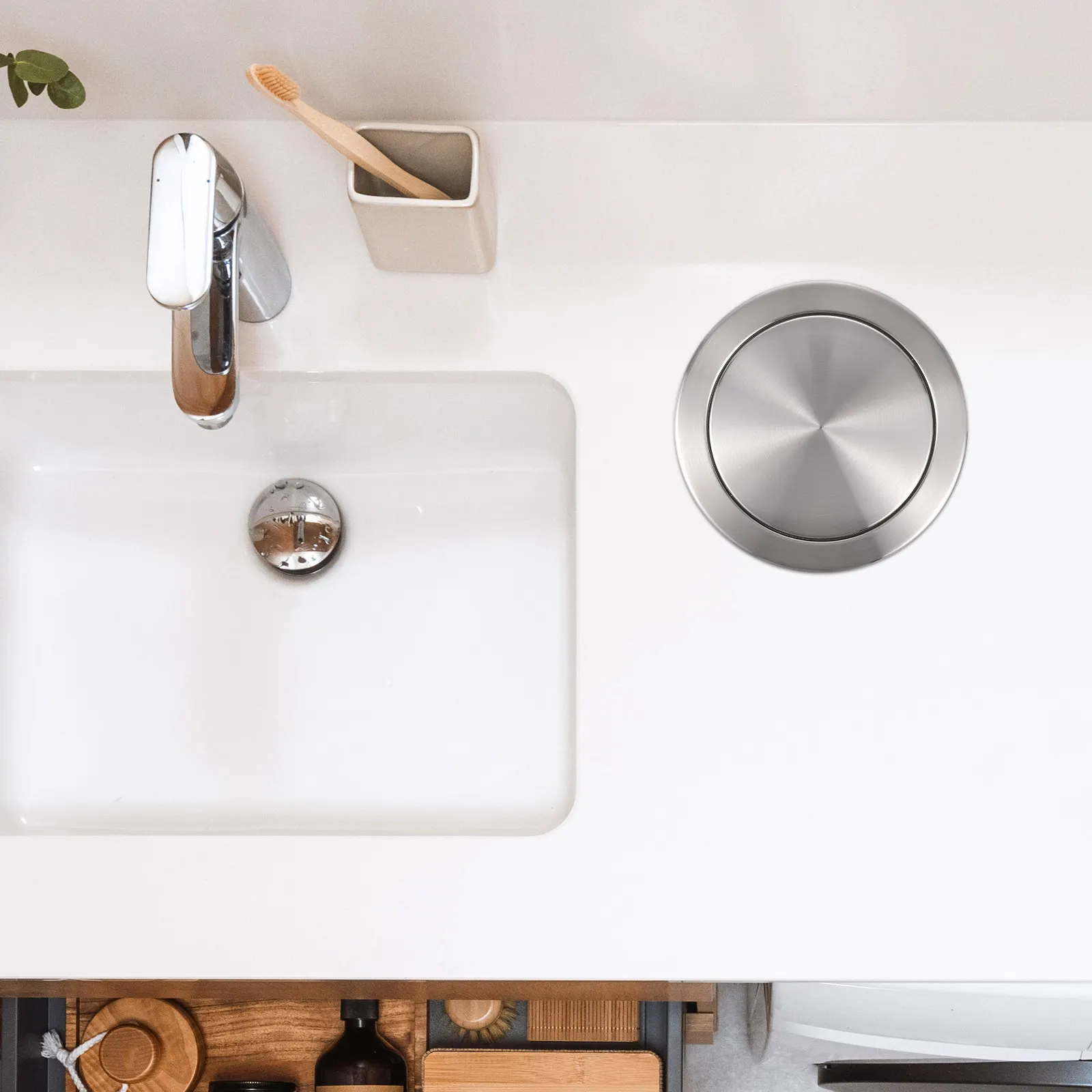 

Built-in Balance Flap Cover Stainless Steel Round Recessed Counter Top Trash Lid Concealed Design Easy Clean for Workshop