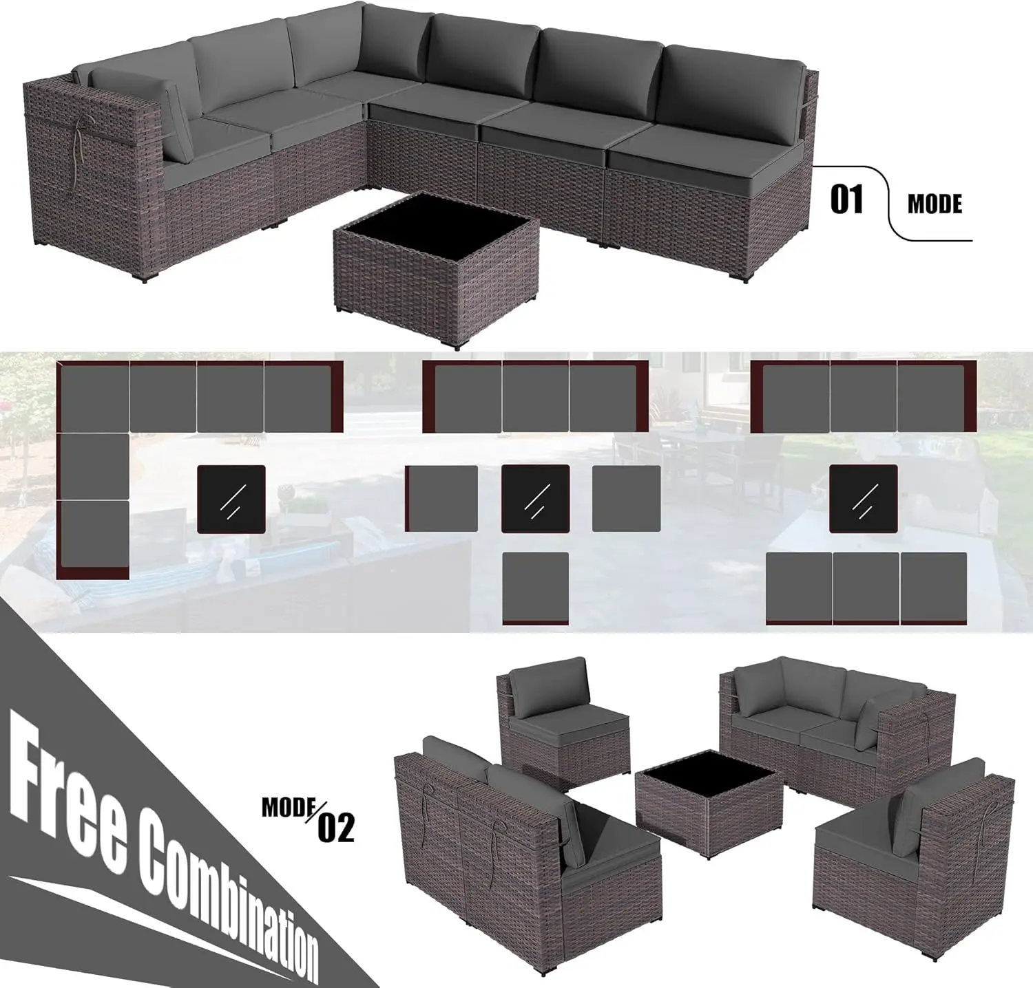 Patio Furniture Set, All-Weather Wicker Outdoor Patio Set Include Tempered Glass Coffee Table,Sofa,Cushion Set for Backyard