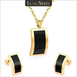 LUXUSTEEL Stainless Steel Black Shell Pendant Necklace Earrings Set Brinco Party Classic Jewelry Sets For Women Gifts