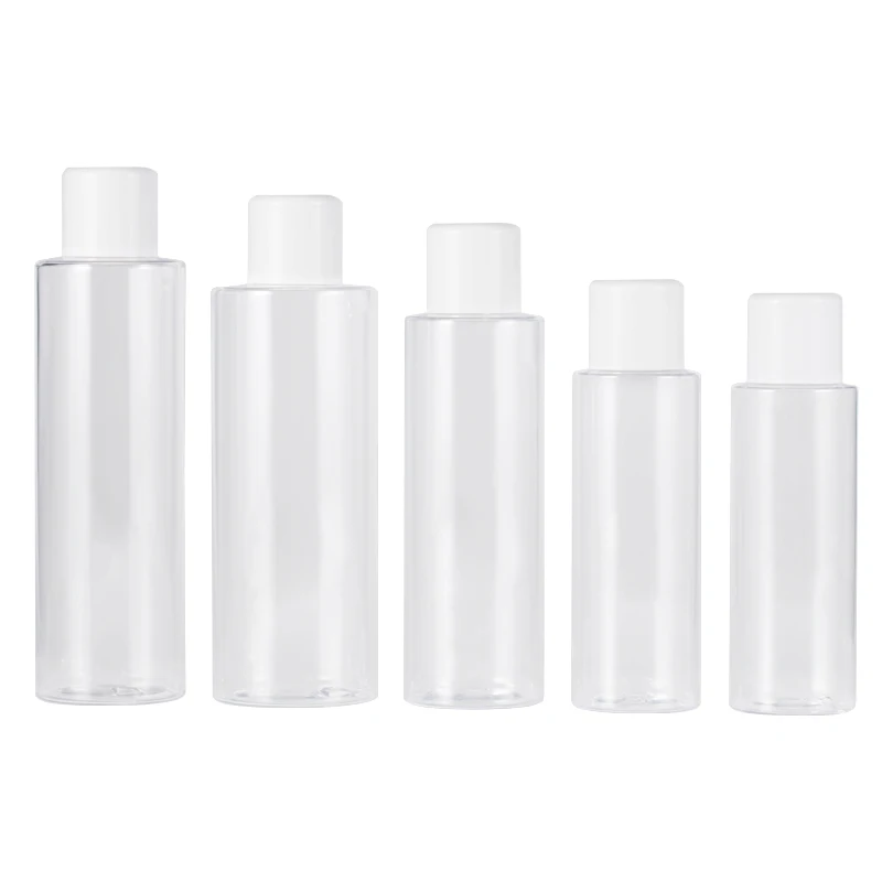 

100ml 120ml 150ml 200ml 250ml Empty PET Clear Plastic Flat Shoulder Cosmetic Packing Bottle White Lid Refillable Container 25pcs