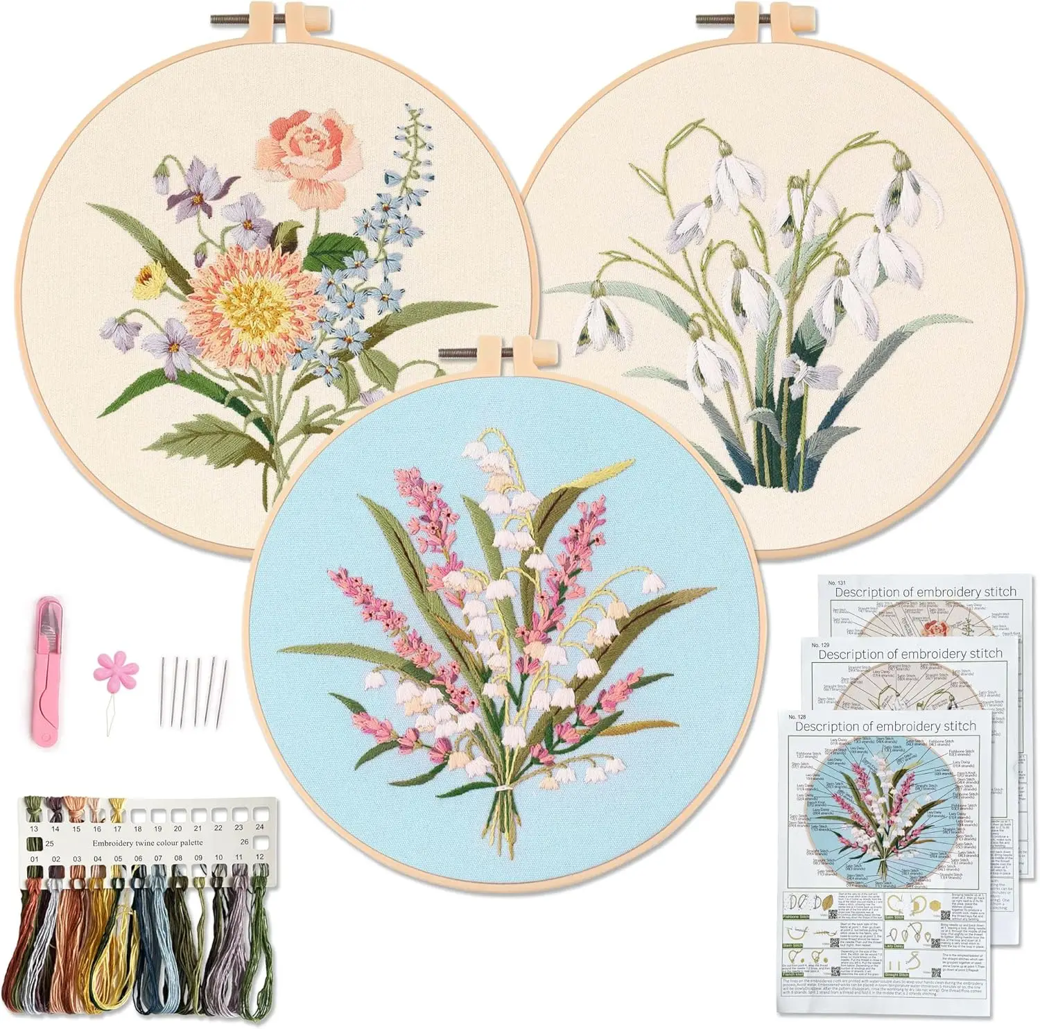 

Embroidery Kit for Adults and Beginners with 3 Floral Patterns, Hoops, Floss & Tools