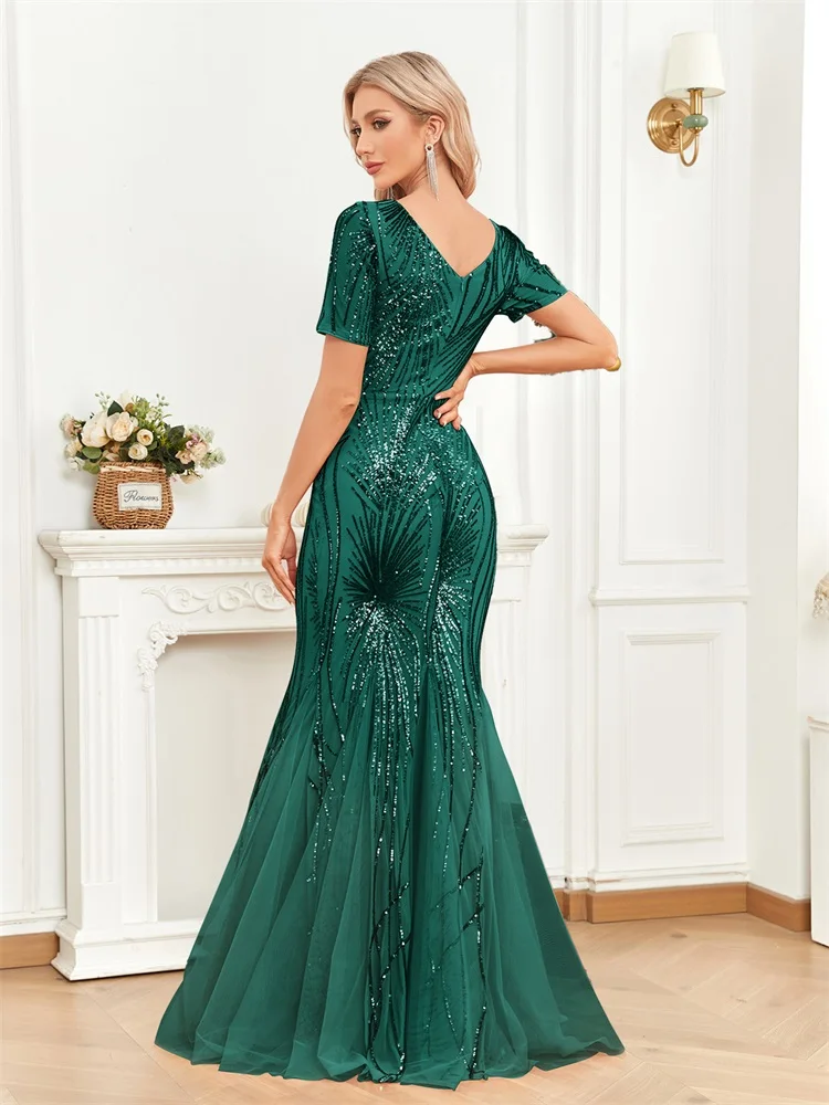 Lucyinlove Elegant Short Sleeves Sequins Green Evening Dress For Women Luxury Mermaid Party Prom Cocktail Gowns Dresses